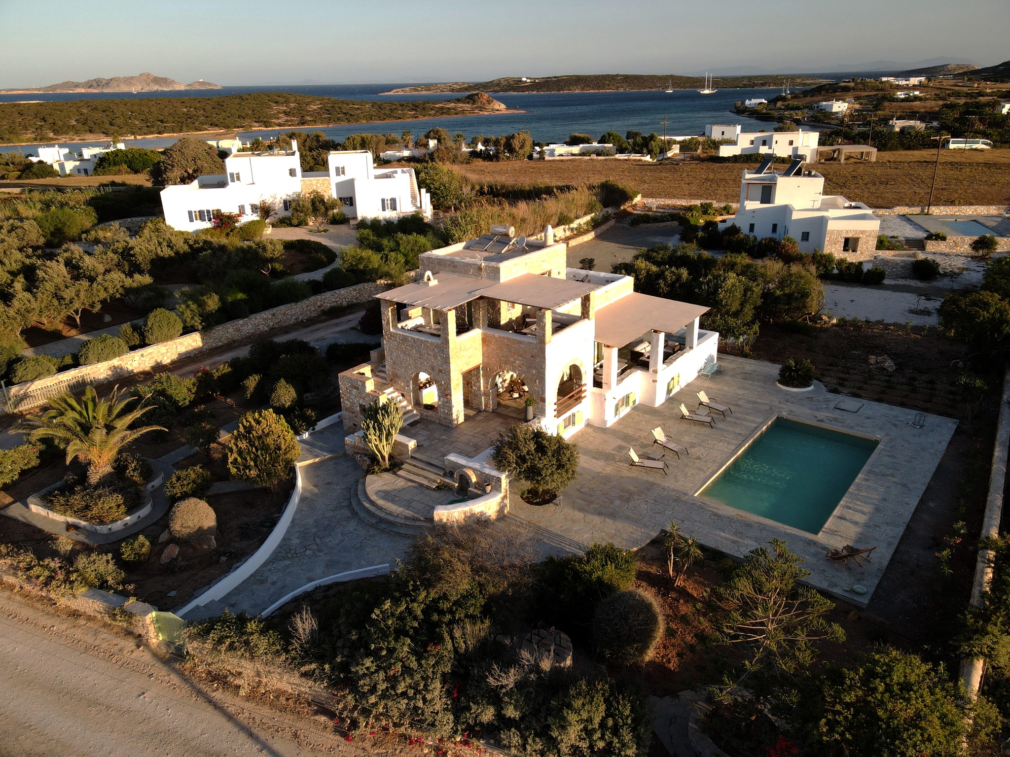 Aerial location view of Lithos Private Estate in Paros